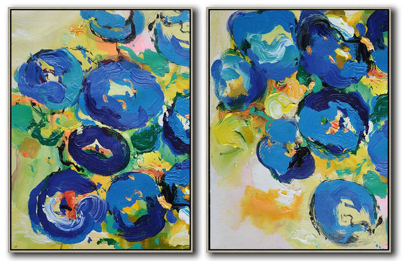 Extra Large Acrylic Painting On Canvas,Set Of 2 Abstract Flower Painting On Canvas,Acrylic Painting On Canvas,Yellow,Blue,Green.etc